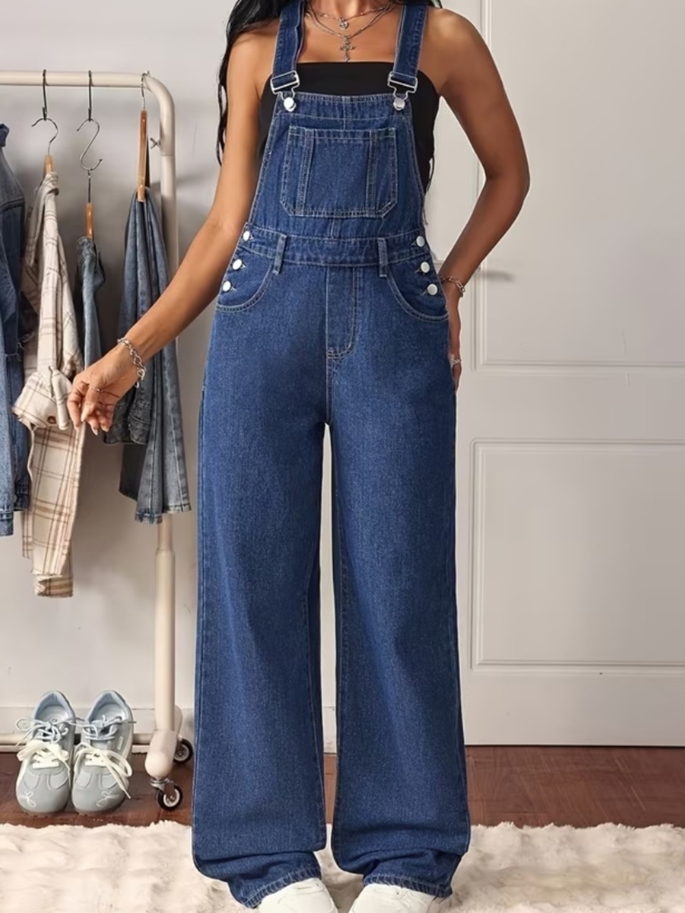Classic Blue Denim Overalls for Women - Wide Leg